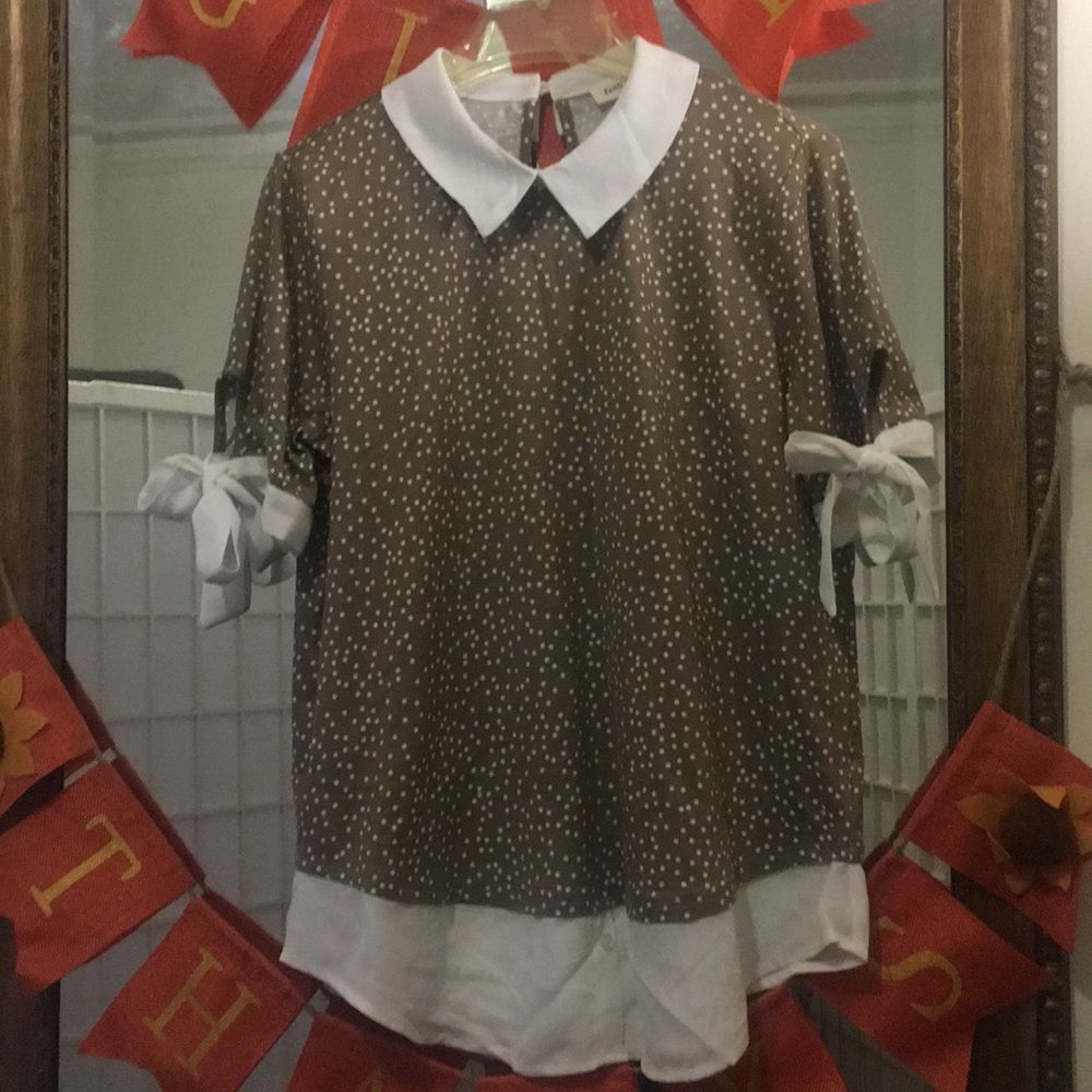 Preppy White Polka Dot Light Brown Short Sleeve Shirt & Faux Shirt Collar SMALL